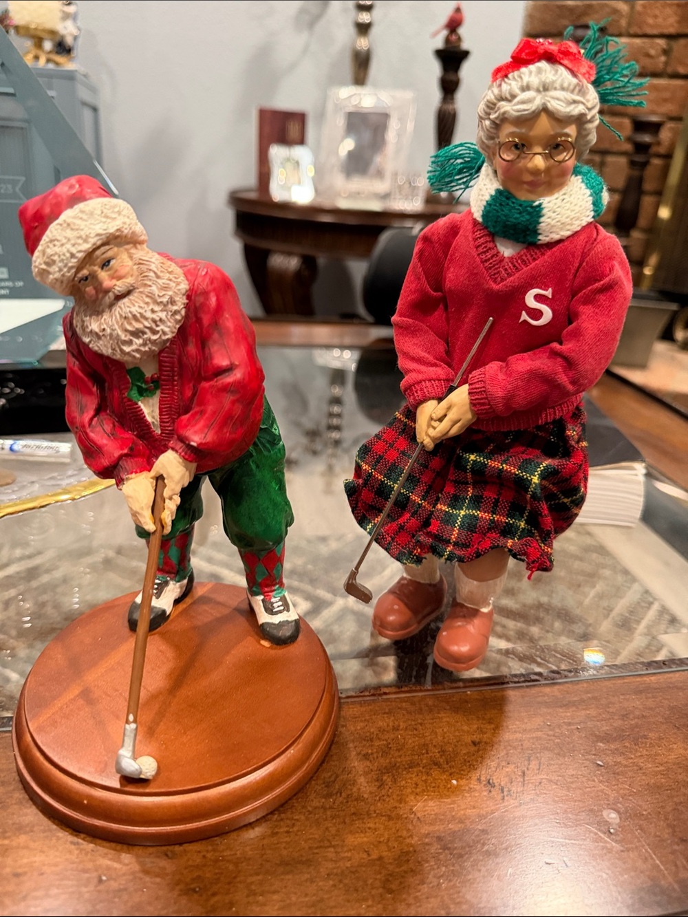 Russ Holiday Golfing Santa & Mrs. Claus Figurines in Red, Green, Plaid